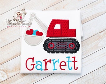 Personalized Valentines Bulldozer Shirt with Hearts for Baby Boy, Custom Love Embroidered Bulldozer Outfit, Toddler Boy Valentines Gift