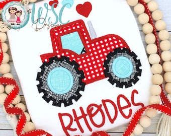 Baby Boy Valentines Shirt, Tractor Outfit with Hearts, Custom Monogram 1st Valentine's Day, Embroidered Name, Toddler Boy Heart Truck Shirt