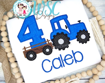 Blue Tractor Embroidered Birthday Party Shirt, Toddler Boy Farm Tractor Shirt, 1st Birthday Party Outfit, Custom Ages 1 2 3 4 5 6 7 8 9