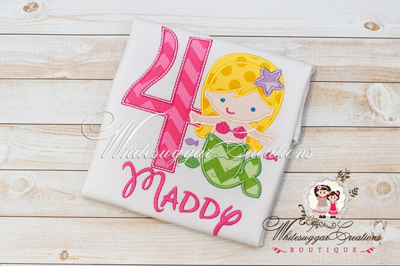 Personalized Gift Mermaid Embroidered Birthday Shirt 4TH Fourth Birthday T-Shirt Pink and Green MermaiD Theme Under the Sea Party
