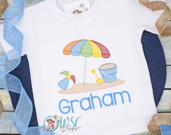 Boys Summer Beach Ball and Umbrella Embroidered T-Shirt / Boys Summer Tee, Toddler Boy Beach Outfit / Personalized Vacation Outfit