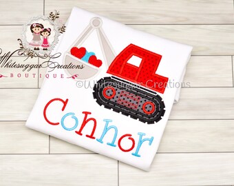 Boy Valentines Shirt, Bulldozer with Hearts Shirt, Monogrammed, Embroidered, Personalized Outfit, Valentines Outfit for toddlers