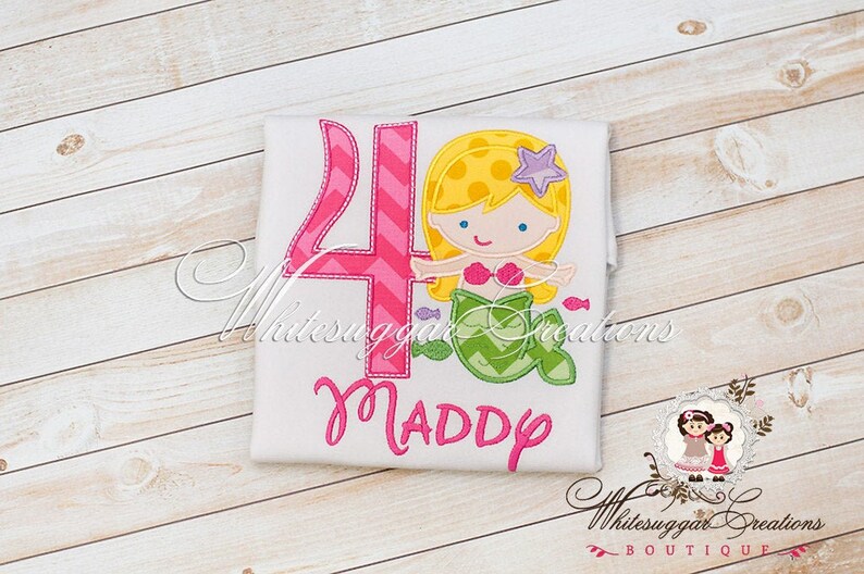 Personalized Gift Mermaid Embroidered Birthday Shirt 4TH Fourth Birthday T-Shirt Pink and Green MermaiD Theme Under the Sea Party