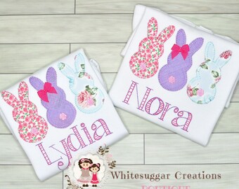 Girl Easter Bunnies Trio Shirt - Custom Easter Baby Shirt - Vintage Stitches - Easter T-shirt - Personalized - Monogrammed - Appliqued