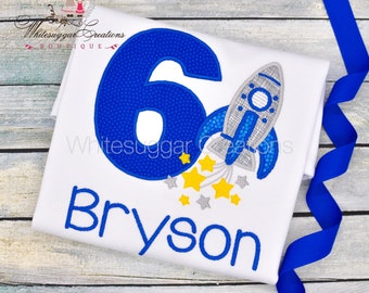 Boy Space Birthday Party Embroidered Shirt, Toddler Boy Rocket Ship 6th Birthday Party Personalized Shirt, Ages 1 2 3 4 5 6 7 8 9