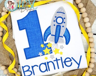 Embroidered Boy Rocket Ship Birthday Shirt, Toddler Space Party Outfit