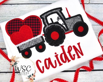 Baby Boy Valentines Day shirt, Tractor with Hearts T shirt, Boy Embroidered T-shirt, Custom Name Toddler Boy Outfit