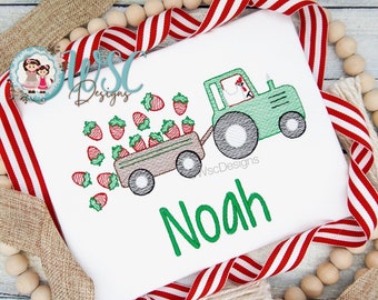 Boys Personalized Farm Shirt with Embroidered with Chicken, Strawberries on a Tractor,  Chicken Farm Shirt, Custom Chicken Baby Boy Outfit