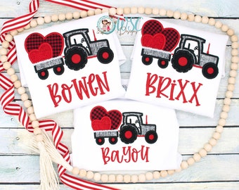 Baby Boy Valentines Day Shirt, Tractor with Hearts Shirt, Boy Embroidered T-shirt, Custom Name Toddler Boy Outfit