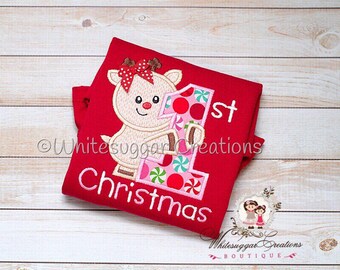 Baby Girl First Christmas Shirt, Girl Reindeer Outfit - Baby Girl Gift, Embroidered, Personalized Toddler Outfit, Holiday Gift