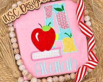 Back to School Girl Shirt with Apple and Book, Aqua Initial Applique Shirt, Embroidered Name Shirt, First Day of School Outfit