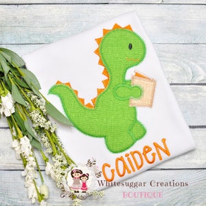 Boys Back to School Dino Shirt, Embroidered Dinosaur Reading Book Tee, Personalized Toddler Boy School Outfit with Dino