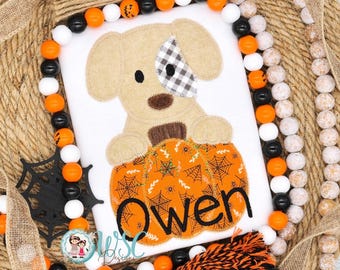 Boys Personalized Halloween Shirt / Puppy Halloween Shirt / Toddler Infant Embroidered Pumpkin Tee