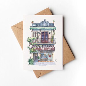 Carte postale "Hang Quat Coffee Shop", Hanoï, Vietnam • impression, aquarelle, papeterie • A6 • Carte à message, façade, voyage, Asie