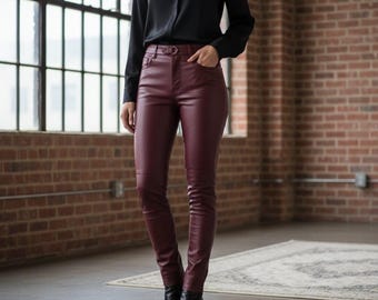 Handcrafted Burgundy Leather Pants | Women's High-Waist Skinny Trousers