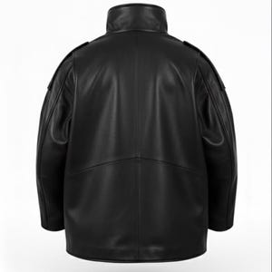 May include: A black leather jacket with a high collar and shoulder epaulets. The jacket has a smooth texture and a classic design, suitable for various occasions. The back view showcases the jacket's tailored fit and sleek silhouette.