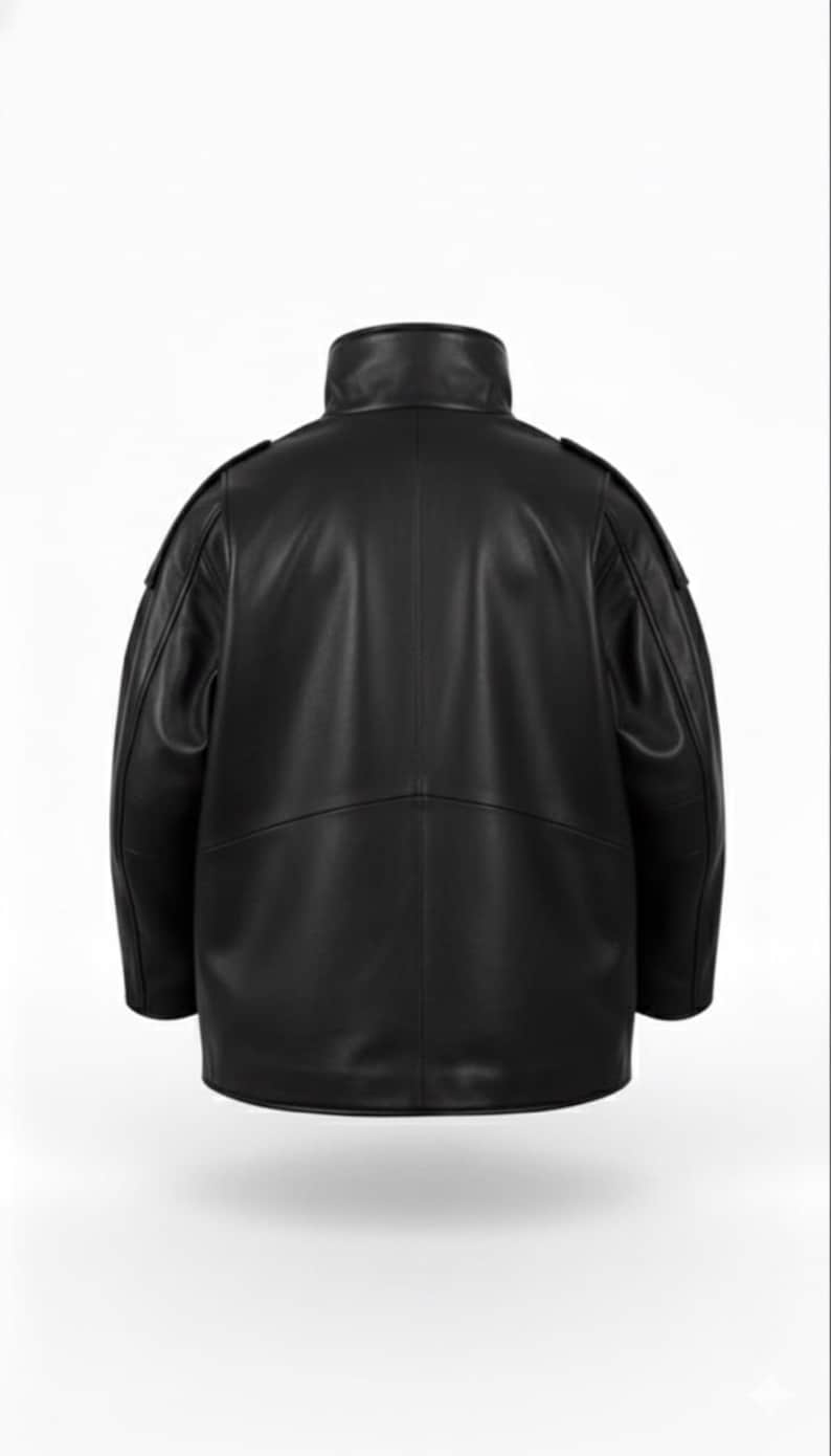 May include: A black leather jacket with a high collar and shoulder epaulets. The jacket has a smooth texture and a classic design, suitable for various occasions. The back view showcases the jacket's tailored fit and sleek silhouette.