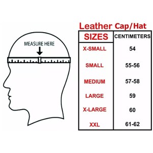 May include: Diagram illustrating how to measure the head for a leather cap or hat. The image includes a side profile of a head with a measuring tape and a size chart in centimeters, ranging from X-Small (54 cm) to XXL (61-62 cm).