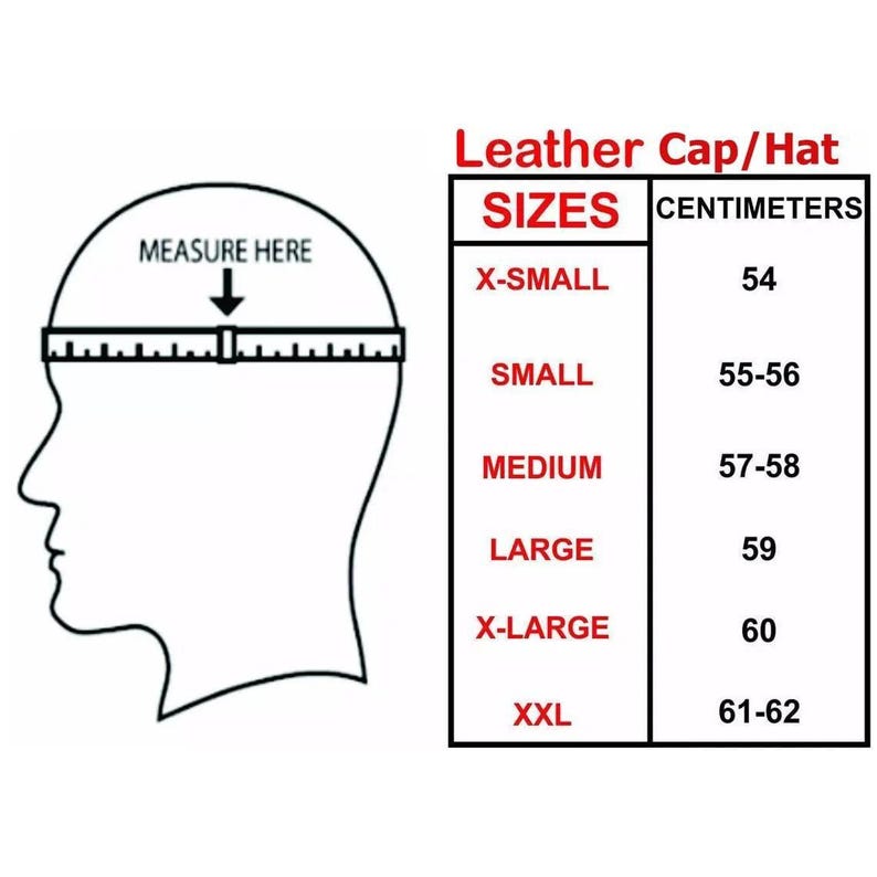 May include: Diagram illustrating how to measure the head for a leather cap or hat. The image includes a side profile of a head with a measuring tape and a size chart in centimeters, ranging from X-Small (54 cm) to XXL (61-62 cm).