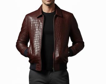 Chaqueta bomber de piel de vacuno con relieve de cocodrilo para hombre en color burdeos / Prenda exterior de piel auténtica hecha a mano / Regalo de lujo para él