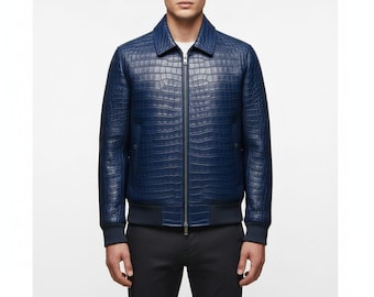 Handmade Blue Crocodile Embossed Leather Bomber Jacket