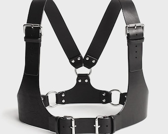 Men's Leather Chest Harness: Adjustable Black Genuine Leather with Metal Buckles