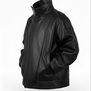 May include: A black leather jacket with a high collar and a diagonal zipper. The jacket has two front pockets and shoulder epaulets. The jacket is made of a smooth, shiny material.