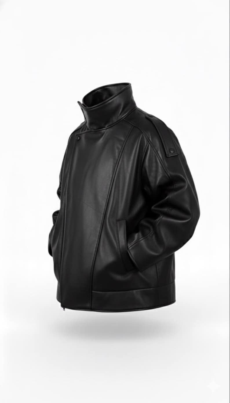 May include: A black leather jacket with a high collar and a diagonal zipper. The jacket has two front pockets and shoulder epaulets. The jacket is made of a smooth, shiny material.