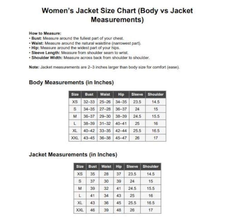 May include: A white document titled "Women's Jacket Size Chart" with body and jacket measurements in inches. The chart includes bust, waist, hip, sleeve, and shoulder measurements for sizes XS to XXL. Instructions on how to measure are also included.