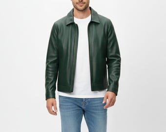 Men’s Green Cowhide Leather Jacket | Handmade Casual Zip Jacket | Custom Fit | Gift for Him