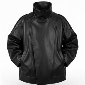 May include: A black leather jacket with a high, buttoned collar and an asymmetrical zipper closure. The jacket has a relaxed fit, with pockets and shoulder detailing. The overall design is sleek and modern, suitable for various styles.