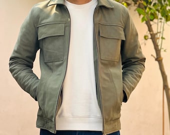 Olive Green Nubuck Leather Jacket: Men's Military Style Outerwear