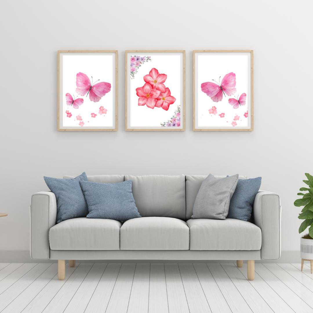 Pink Butterfly Floral Wall Art | Nursery Decor (digital Download Set A3 ...