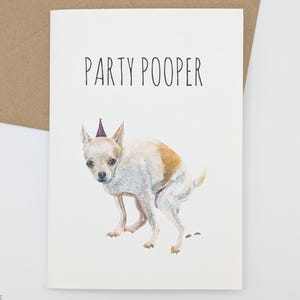Partypooper | Verjaardagskaart voor hondenliefhebbers | Verjaardagskaart voor hondenbezitters | Grappig schilderij hondenwenskaart