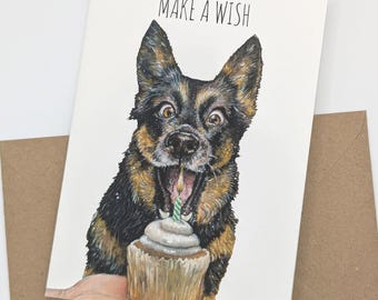 Funny Dog Birthday Card – Make A Wish Dog | Cute Birthday Dog Card | Dog Lover Birthday Card | Cake Candle Dog Card