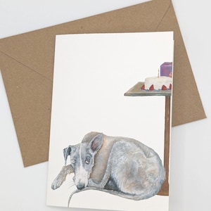 Gâteau d'anniversaire de lévrier Whippet Lurcher | carte d'anniversaire d'amoureux des chiens | Carte d'anniversaire pour propriétaires de chiens | Carte de voeux drôle de chien de peinture