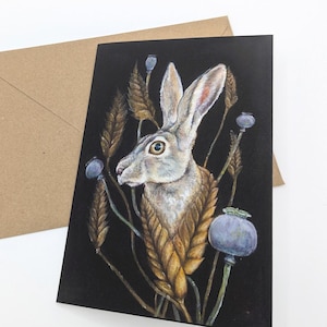 lièvre au blé et aux coquelicots | Vierge à l'intérieur de toutes les cartes de vœux | Carte d'anniversaire pour les amoureux de la nature | Peinture animalière spirituelle