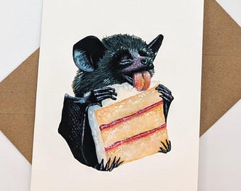 Tarjeta de felicitación con diseño de pastel de murciélago gótico adorable / Interior en blanco con diseño de animales