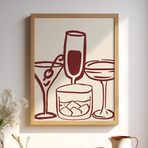 Cheers Colorful Glass Print, Cocktail Glasses Bar Cart Glasses Drinks Poster Landscape Wall Art Funky Kitchen Wall Decor Red Digital Poster