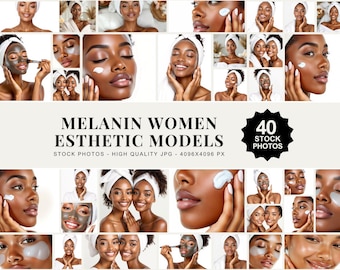 40 Melanin Esthetic Stock Photos Beauty Model Images Skincare Photography Deep Skin Content Facial Treatment Salon Branding Bundle
