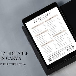 Może przedstawiać: Tablet cyfrowy wyświetlający cennik zabieg&oacute;w kosmetycznych. Cennik nosi tytuł "PRICELIST" i zawiera r&oacute;żne usługi, takie jak zabiegi na twarz, zabiegi na ciało, iniekcje i konsultacje. Tablet znajduje się na czarnej powierzchni.