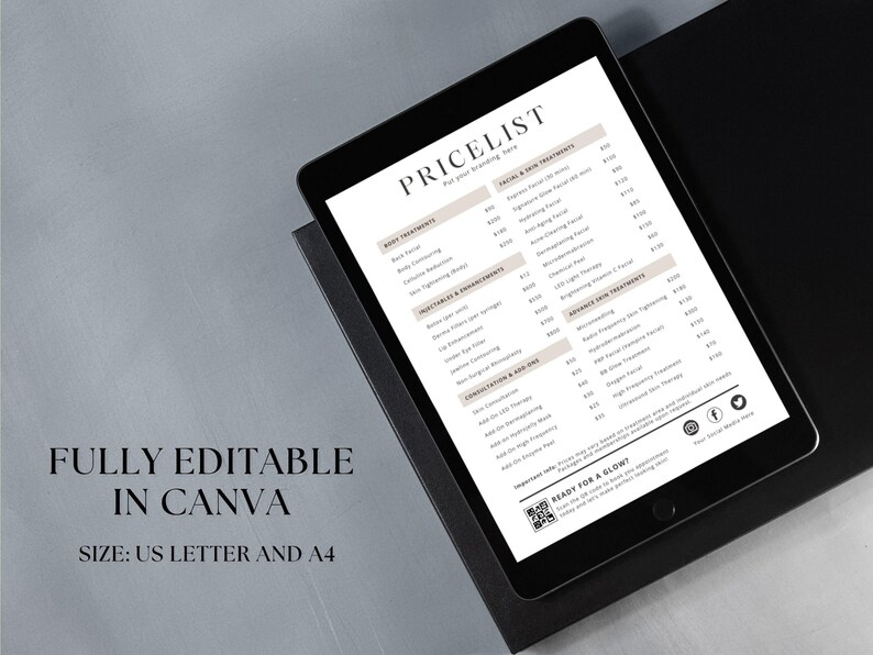 Może przedstawiać: Tablet cyfrowy wyświetlający cennik zabieg&oacute;w kosmetycznych. Cennik nosi tytuł "PRICELIST" i zawiera r&oacute;żne usługi, takie jak zabiegi na twarz, zabiegi na ciało, iniekcje i konsultacje. Tablet znajduje się na czarnej powierzchni.
