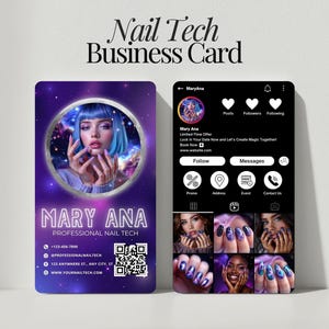 Modèle de carte de visite Instagram moderne Nail Tech modifiable sur la carte de marque de salon Canva avec code QR Conception marketing pour technicienne en ongles