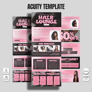 Peut inclure: Modèle rose et noir pour un salon de coiffure, avec le texte "Hair Lounge" en police bulle. Le modèle comprend des sections pour les services, les politiques de réservation et les coordonnées, avec des images de coiffures et une promotion "50% OFF".