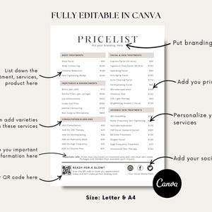An esthetician service pricelist fully editable template featuring neatly organized sections for Facials, Waxing, Body Treatments, and Skincare Add-ons. Services include classic facials, dermaplaning, chemical peels, full-body waxing, and hydrating masks, with prices ranging from $15 to $150. The design is clean and calming, often using neutral tones. A QR code and social media icons appear at the bottom for booking and contact.