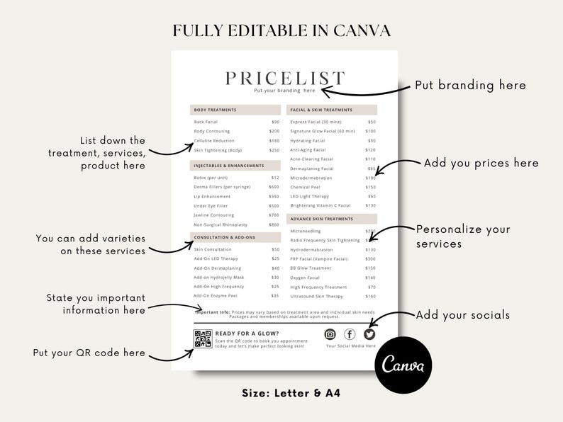 An esthetician service pricelist fully editable template featuring neatly organized sections for Facials, Waxing, Body Treatments, and Skincare Add-ons. Services include classic facials, dermaplaning, chemical peels, full-body waxing, and hydrating masks, with prices ranging from $15 to $150. The design is clean and calming, often using neutral tones. A QR code and social media icons appear at the bottom for booking and contact.