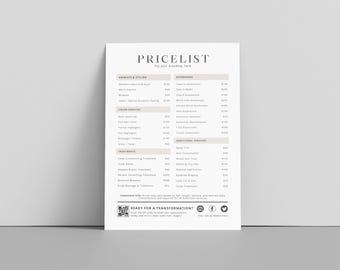 Plantilla de lista de precios bohemia editable para peluquería, letrero de pago QR, guía de precios imprimible, hoja de precios editable, plantilla de lista de precios DIY para peluquería