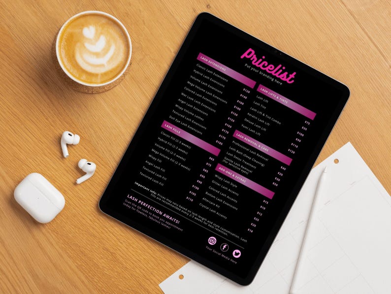 Lash Technician Editable Price List Pink Salon Service Menu With QR ...