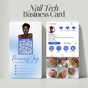 Modèle de carte de visite Instagram Nail Tech Carte de visite modifiable pour salon de manucure Canva Instagram Carte de technicien en ongles avec numérisation de code QR
