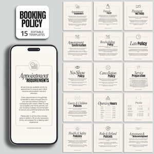 May include: A digital mockup of a smartphone displaying "Appointment Requirements" text, surrounded by 15 editable templates for salon booking policies. The templates include topics like deposit, payment methods, and cancellation policy.